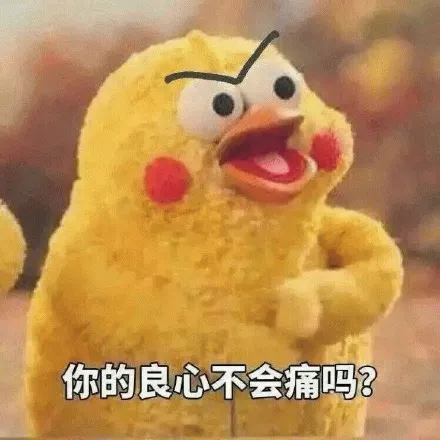 表情包:愤怒小鸡配文“你的良心不会痛吗?”,用于表达对社会乱象的讽刺与不满