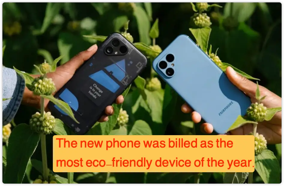 一位用户在绿色植物间展示两部新款手机,配文为 “The new phone was billed as the most eco-friendly device of the year.”,体现了外刊表达 billed as 在新闻报道中“被宣传为”“被定位为”的用法。