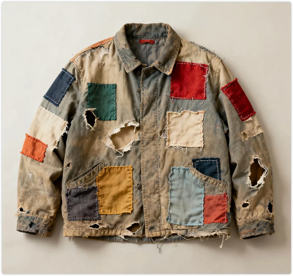 一件布满彩色补丁的破旧夹克,象征“patchy at best”所表达的整体不协调、质量参差的隐喻。