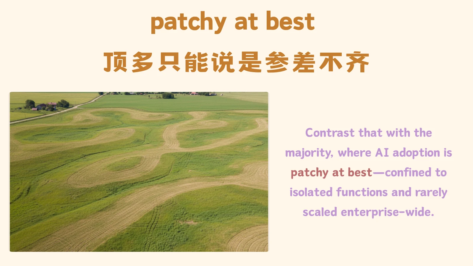 展示“patchy at best”概念的视觉图，草地上出现零散不均的收割痕迹，比喻人工智能应用发展参差不齐。