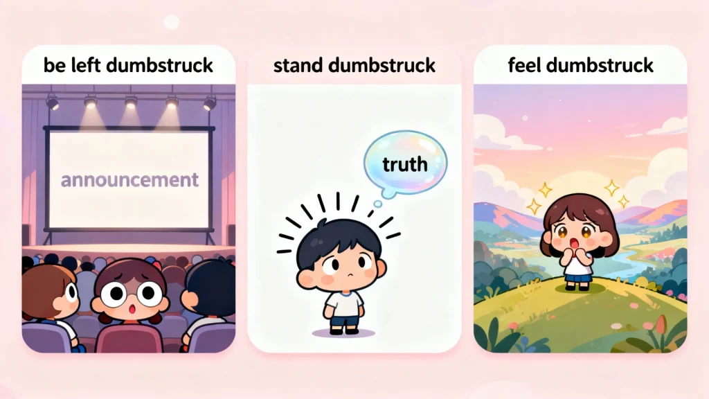 三格卡通图示展示“dumbstruck”的常见搭配:
“be left dumbstruck”:剧院观众听到公告后震惊不语。
“stand dumbstruck”:男孩面对真相泡泡时愣在原地。
“feel dumbstruck”:女孩站在山顶看风景,表情震惊但充满敬意。