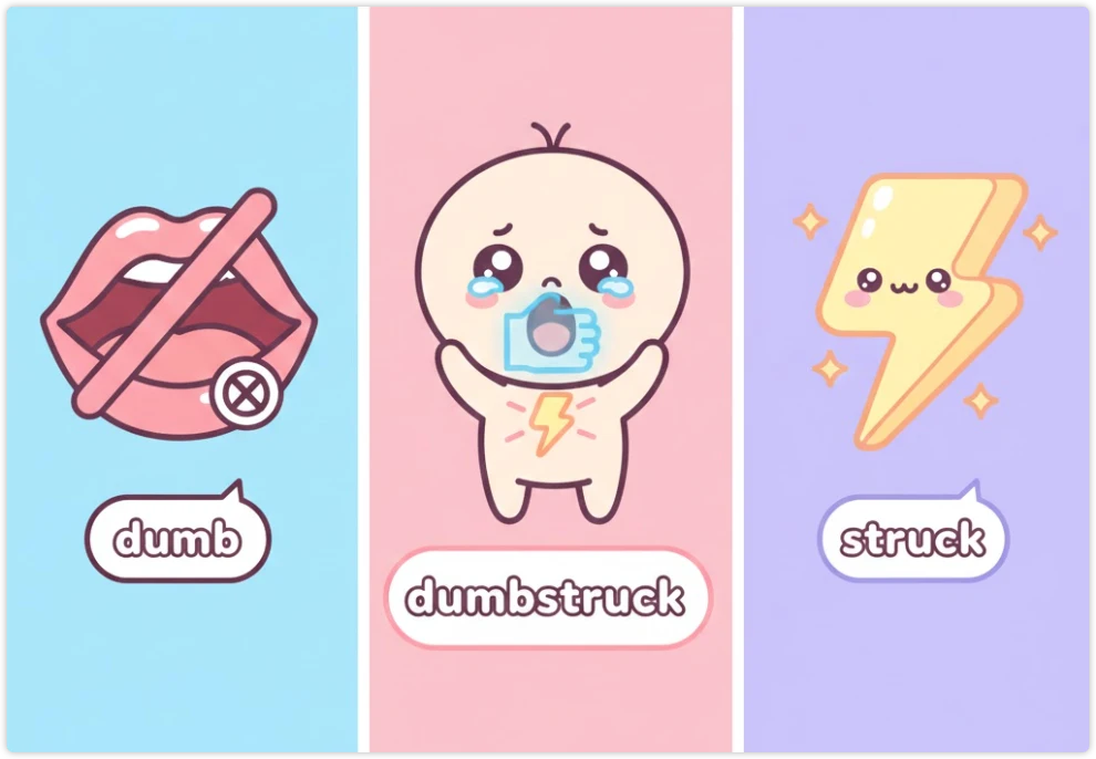 一张可爱卡通风格的词汇分解图。左侧是“dumb”(嘴巴被叉号封住,代表“无法说话”),右侧是“struck”(带笑脸的卡通闪电,代表“被击中”),中间是“dumbstruck”小人,表情震惊、流泪、嘴被拍了一掌,胸口有闪电,表达“被震惊到说不出话”。