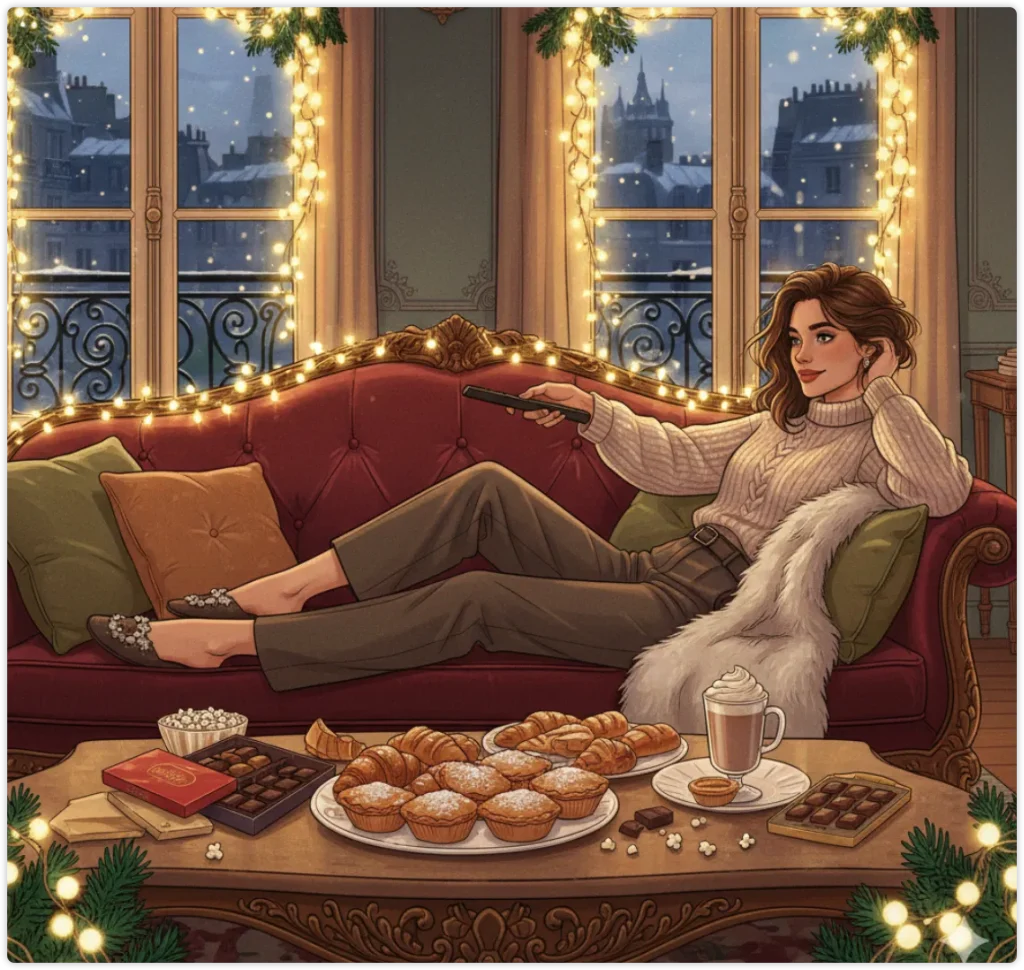 圣诞灯串下的女生躺在红色沙发上拿着遥控器,窗外飘雪,茶几摆满可颂和点心,假期关掉大脑刷剧氛围