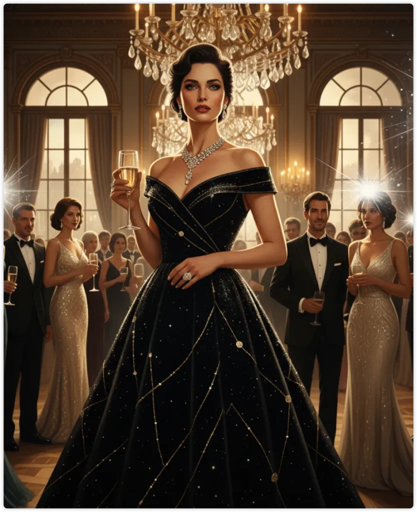水晶吊灯宴会厅里,黑色露肩礼服女主举着香槟站在镜头中央,周围西装晚礼服宾客与闪光灯营造奢华派对感