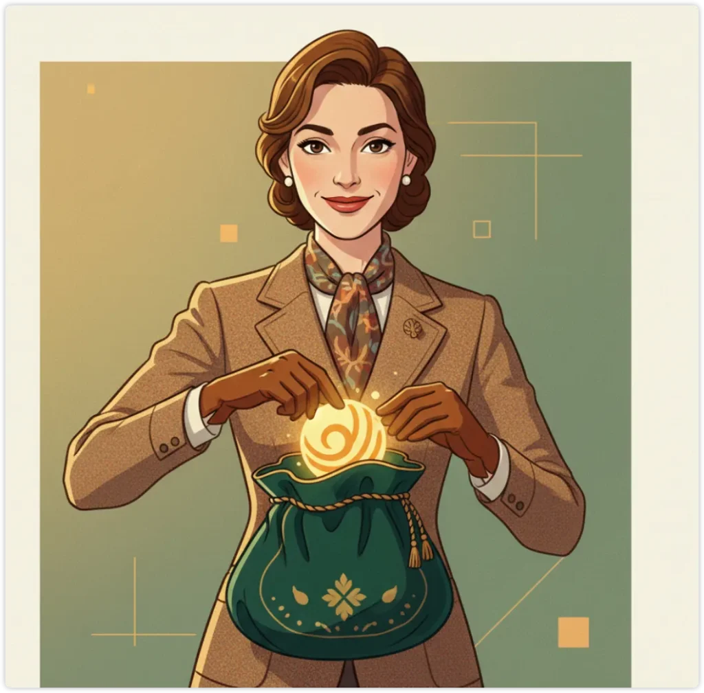 复古风插画,穿西装的女生从绿色抽绳袋里拿出发光圆球,呼应 bag 搞定拿下的比喻画面