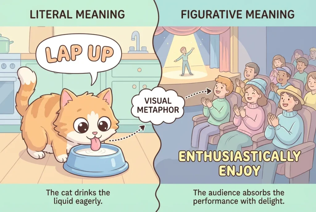 lap up 词义对比图,左侧猫咪舔碗里液体表示字面义,右侧观众鼓掌看演出表示比喻义 热情享受
