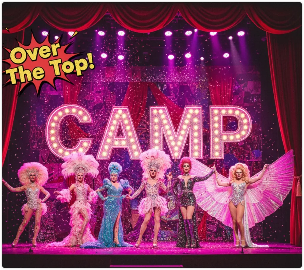 舞台霓虹灯牌写着 CAMP,变装演员穿夸张羽毛服装在紫色灯光下谢幕,整体风格 over the top 浮夸戏剧化