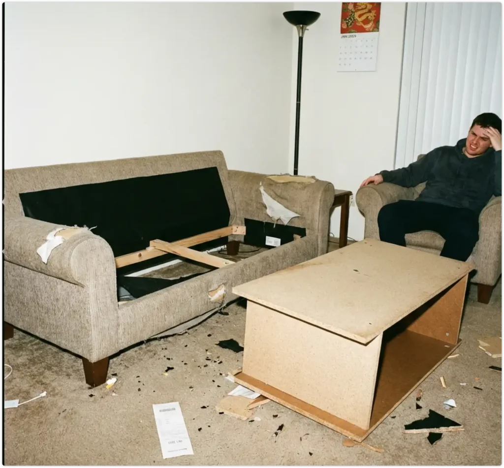 画面中一名年轻男子坐在扶手椅上，手撑着头，表情显得非常沮丧和心烦。在他面前，一个米色的沙发已经损坏，底部的木架外露，布料被撕裂，地毯上散落着碎屑。这生动地体现了文中提到的“shoddy”（粗制滥造/质量低劣）的主题。