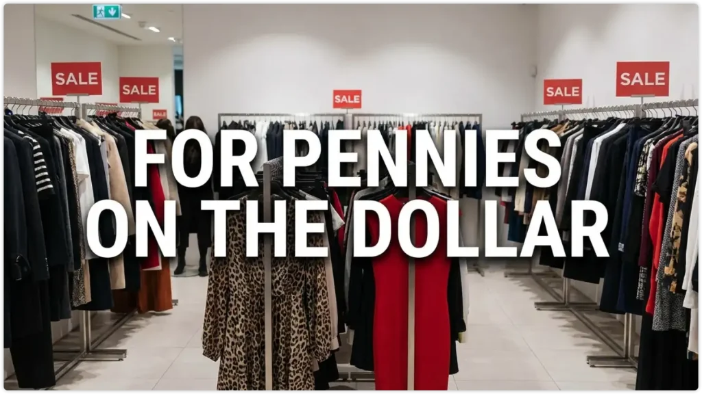 这是一张服装店内部的照片，货架上挂满了各式衣服，并挂有多个红色的“SALE”（促销）牌子。图片正中央覆盖着醒目的白色文字：“FOR PENNIES ON THE DOLLAR”，意为“以极低的价格（远低于原价）”。这与之前提到的文中描述奢侈品制造成本极低的短语相呼应。