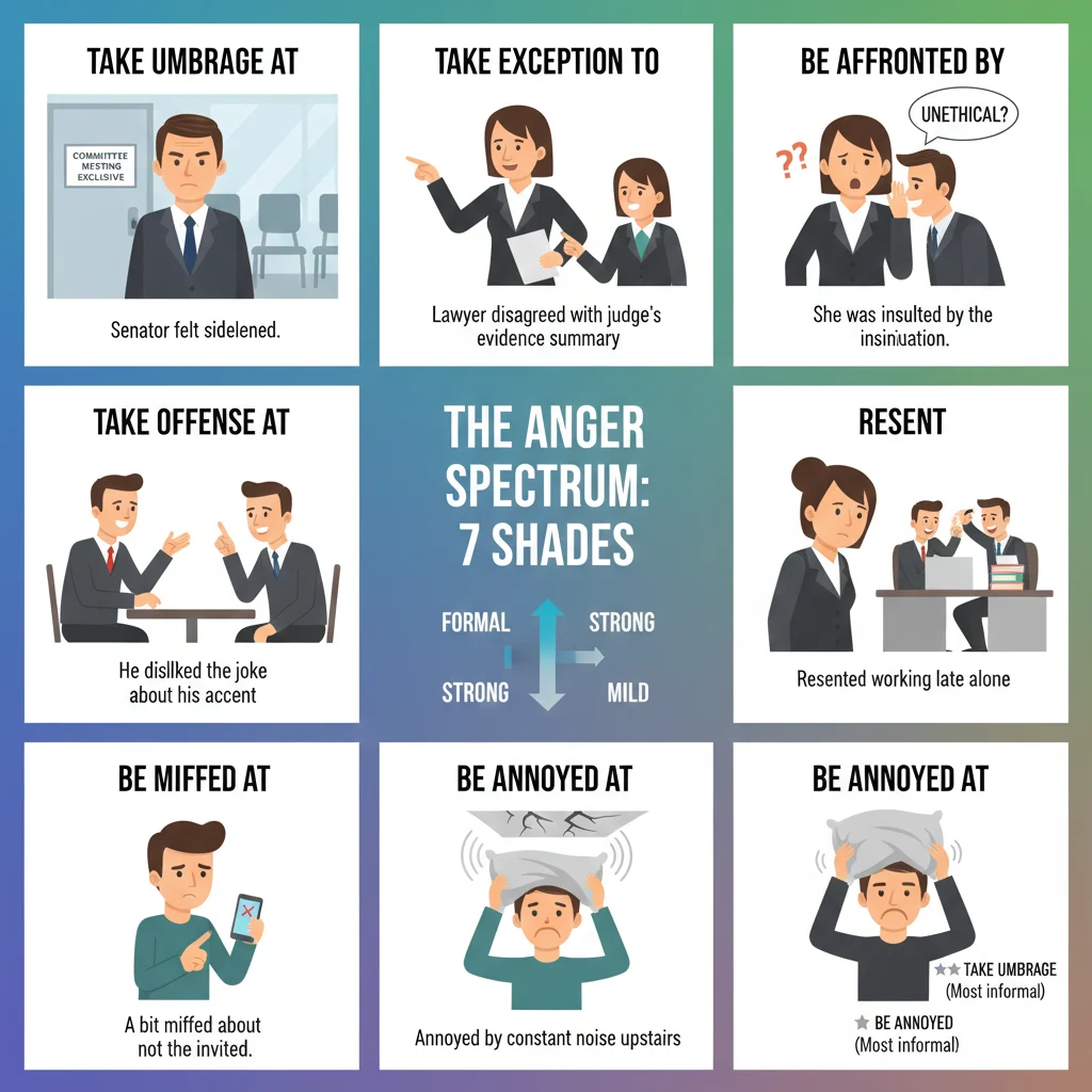 感到不满英语怎么说：take umbrage 与 be annoyed 等 7 级情绪强度对比图