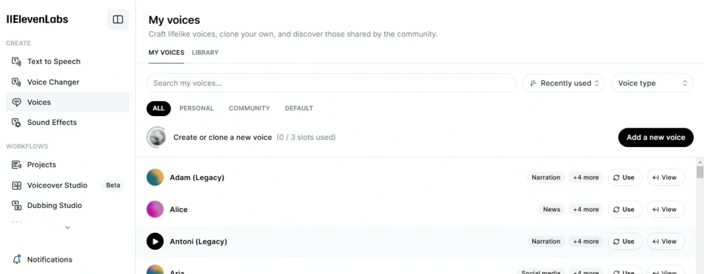 ElevenLabs 文本转语音后台截图，My voices 页面显示多个可选声音模型（如 Adam、Alice、Antoni），左侧为 Text to Speech 和 Voice Studio 功能菜单。