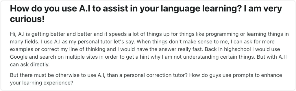 Reddit 语言学习板块提问页面截图，标题为“How do you use A.I to assist in your language learning?”，正文讨论如何将 AI 作为个人学习辅助手段。
