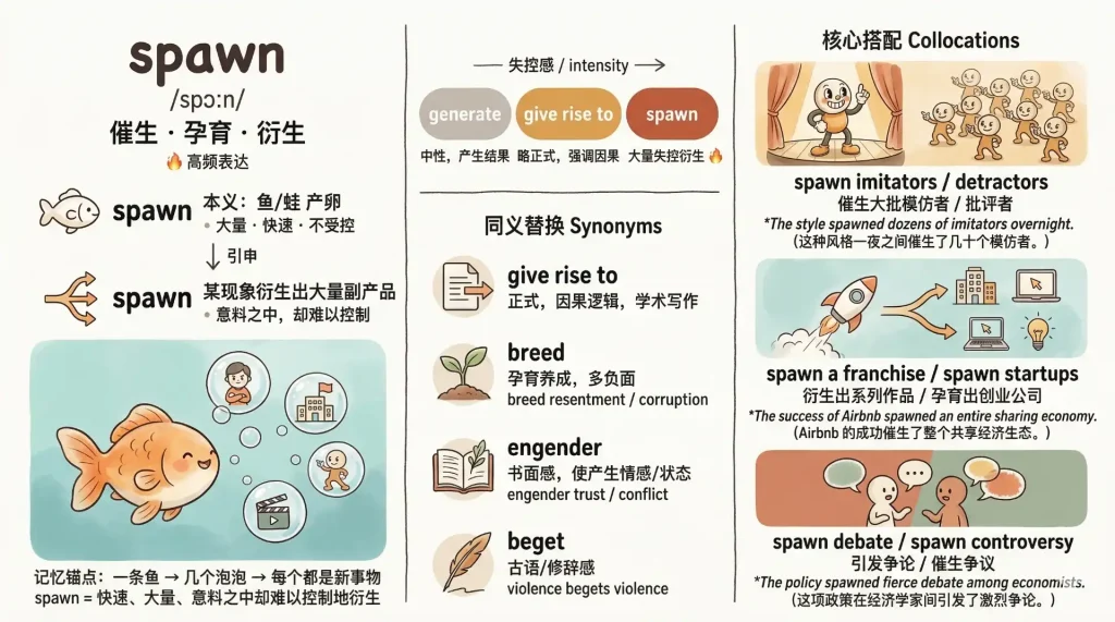 spawn用法讲解图，包含同义词替换与搭配示例