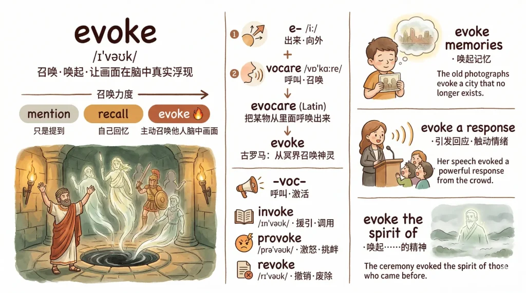 evoke词汇精讲：唤起，词根vocare与invoke provoke revoke同源词对比图解