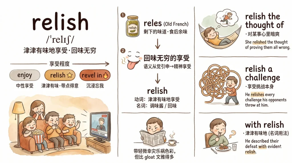 relish词汇精讲：津津有味地享受，词源与enjoy revel in语气梯度图解