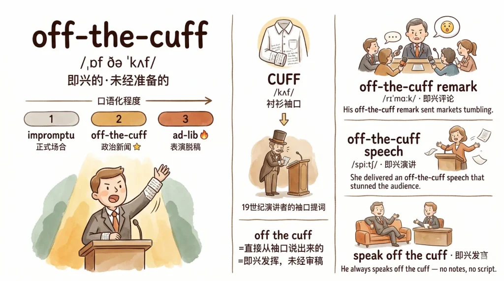 off-the-cuff词汇精讲：即兴的未经准备的，词源袖口提词与impromptu ad-lib对比图解