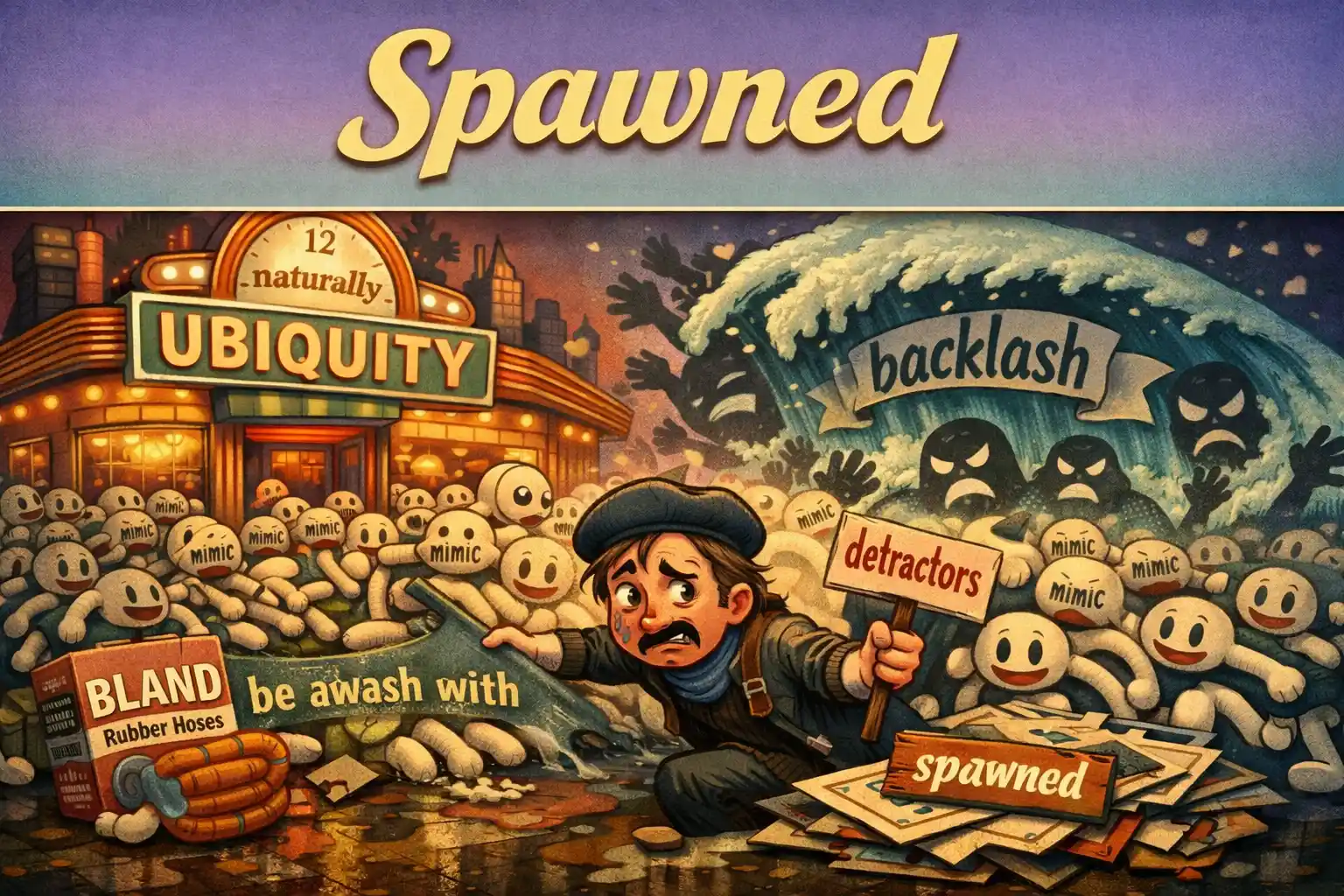 spawn用法示意图，展示外刊语境中“泛滥→催生批评→反弹”的因果关系