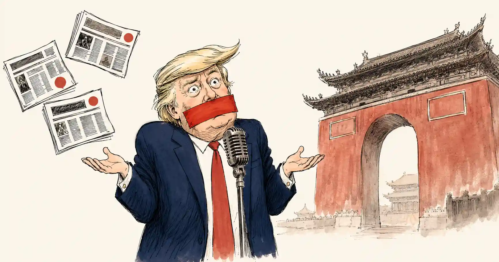 漫画插图：特朗普站在麦克风前，嘴被红色胶带封住，双手摊开做无奈状，背景为北京城门，四周飘散着报纸，对应"tightlipped"沉默不答的场景