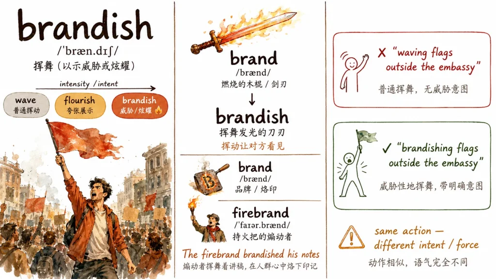 brandish词汇卡片：左侧水彩插画描绘抗议者高举燃烧旗帜，中栏呈现brand古法语词源及firebrand词族，右栏对比"waving flags"与"brandishing flags"的意图与力度差异