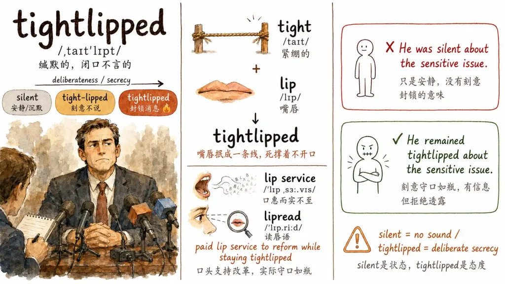 tightlipped词汇卡片：左侧水彩插画描绘政客面对记者采访时缄默不言，中栏拆解tight+lip词根及lip service、lipread词族，右栏对比silent与tightlipped的语义差异