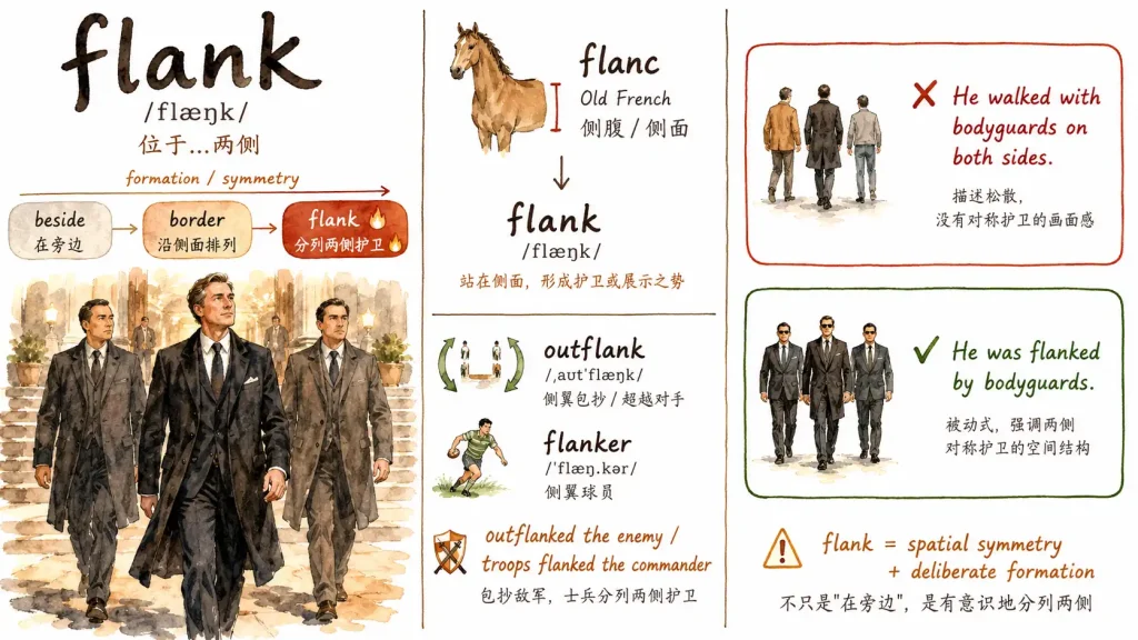 flank词汇卡片：左侧水彩插画展示三人列队行走，中栏呈现flanc古法语词源及outflank、flanker词族，右栏对比"walked with bodyguards"与"flanked by bodyguards"的用法差异