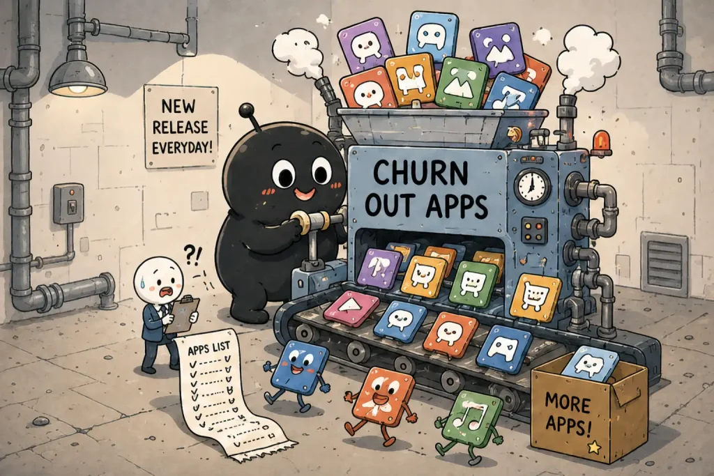 churn out 英语表达示意图:工厂源源不断生产 App,帮助理解“快速、大量产出”的含义。