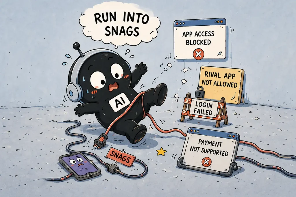 run into snags 英语表达示意图:AI 遇到登录失败、支付受阻等问题,帮助理解“遇到困难、遭遇阻碍”。