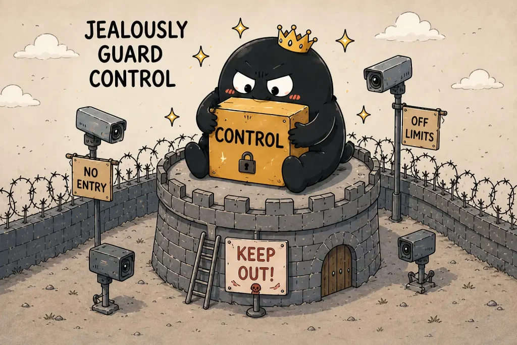 jealously guard control 英语表达示意图:角色紧紧守护控制权,表示“牢牢掌控、不愿放权”。