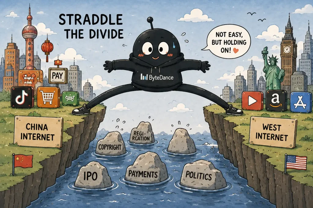 straddle the divide 英语表达示意图:字节跳动同时面对中国与西方互联网市场,帮助理解“横跨两个世界、兼顾双方”。