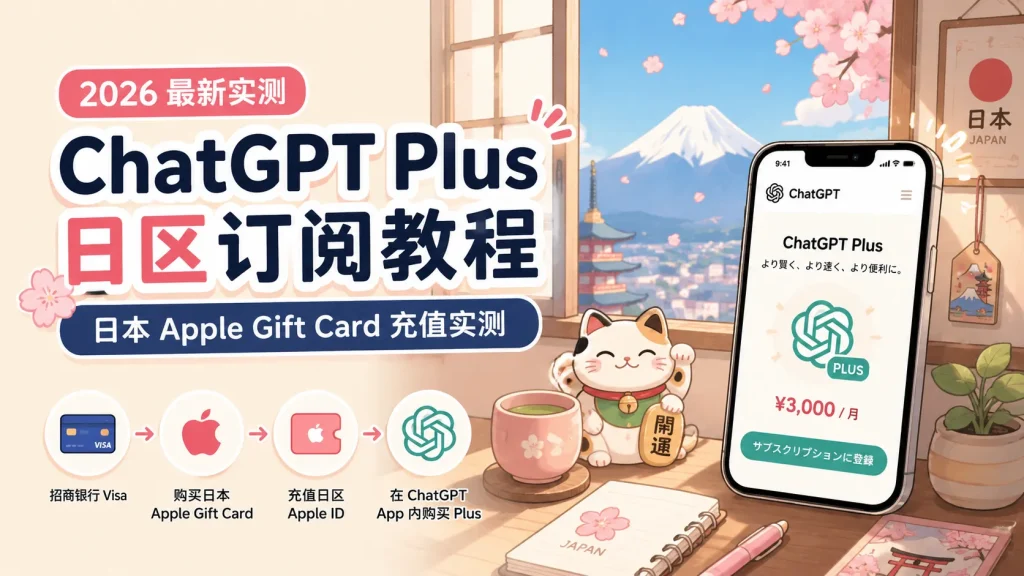 2026 ChatGPT Plus 日区订阅教程：日本 Apple Gift Card 充值实测