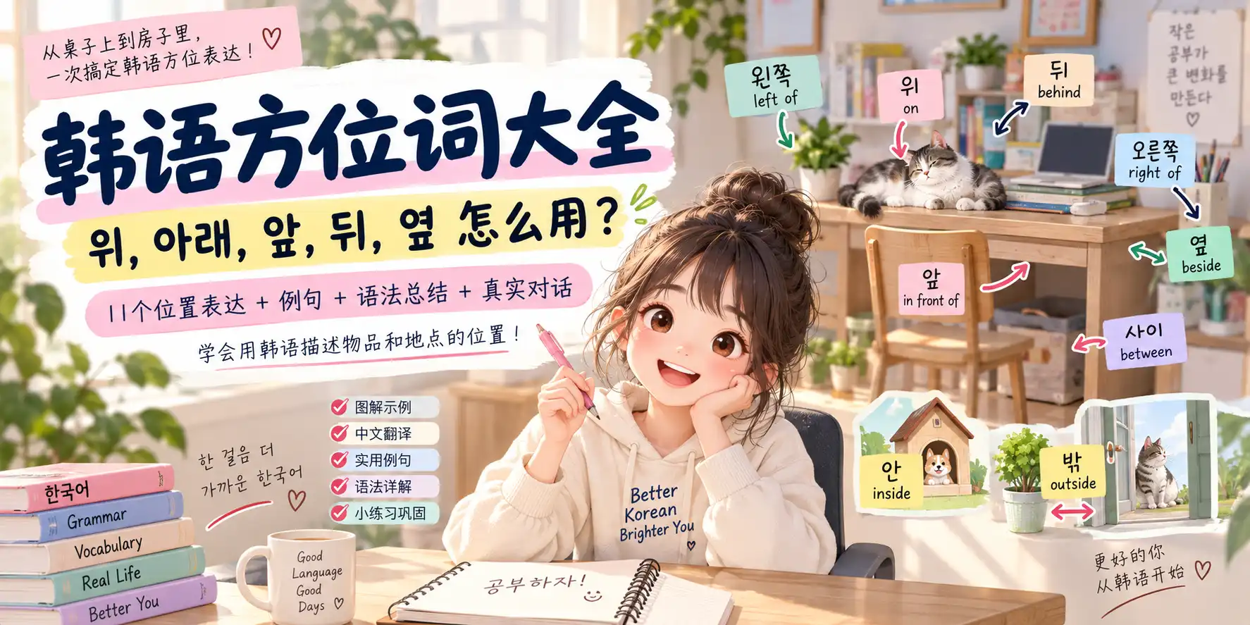 韩语方位词大全|위、아래、앞、뒤、옆怎么用?11个位置表达一次学会