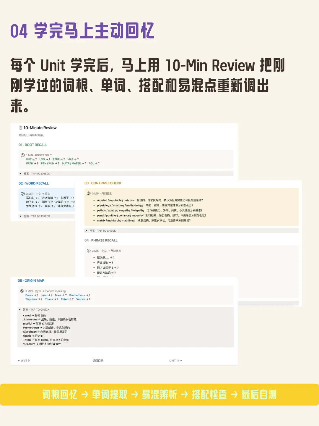 10-Minute Review 主动回忆预览,包含词根回忆、词汇提取与搭配检查